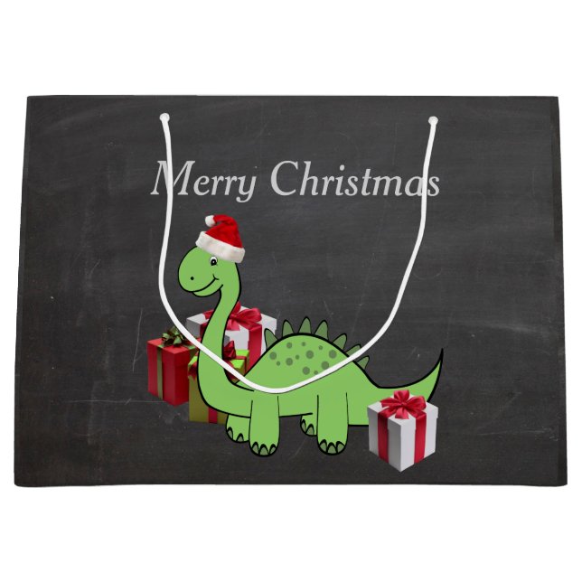 Christmas cute funny Santa dinosaur chalkboard Large Gift Bag (Front)