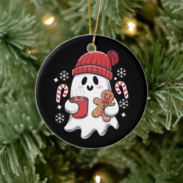 Christmas Cute Ghost Iced Coffee Retro Xmas Coffee Ceramic Ornament (Tree)