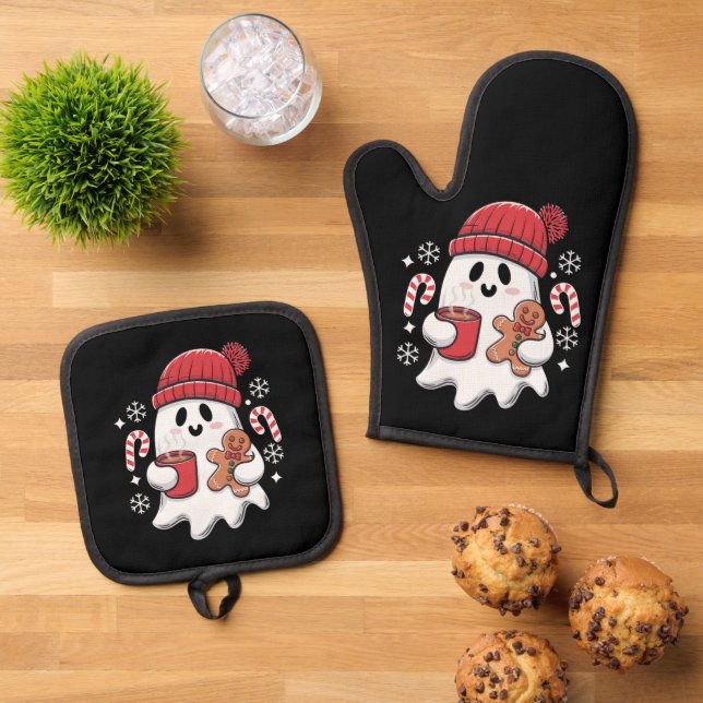 Christmas Cute Ghost Iced Coffee Retro Xmas Coffee Oven Mitt & Pot Holder Set (Top Down)