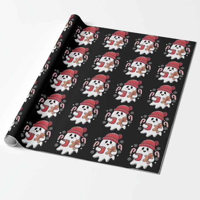 Christmas Cute Ghost Iced Coffee Retro Xmas Coffee Wrapping Paper (Unrolled)