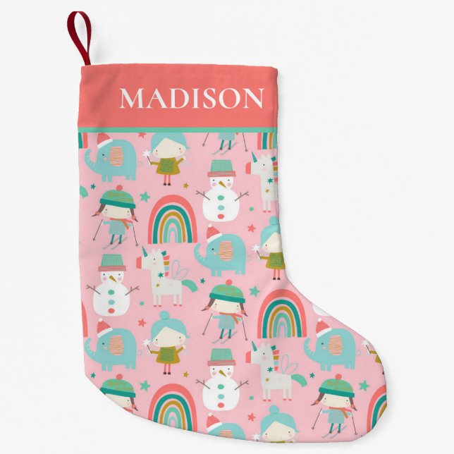 Christmas Cute Girly Unicorn Rainbow Personalized Small Christmas Stocking (Front)