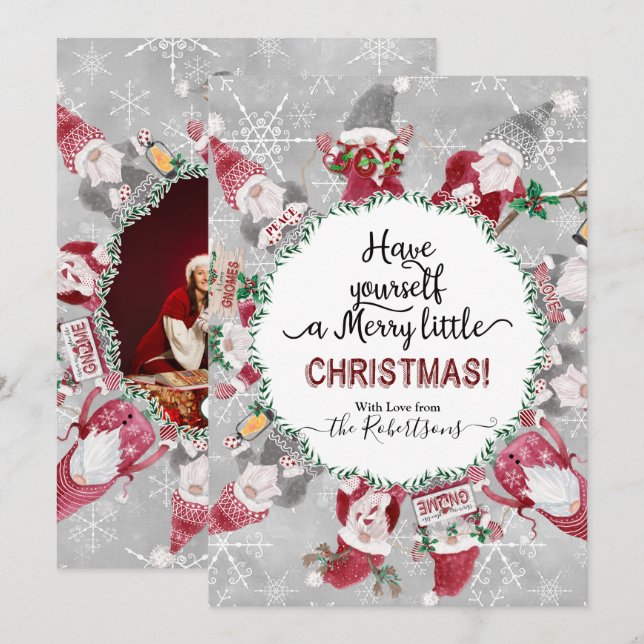 Christmas Cute Gnome Snowflake Grey Red Photograph Holiday Card (Front/Back)