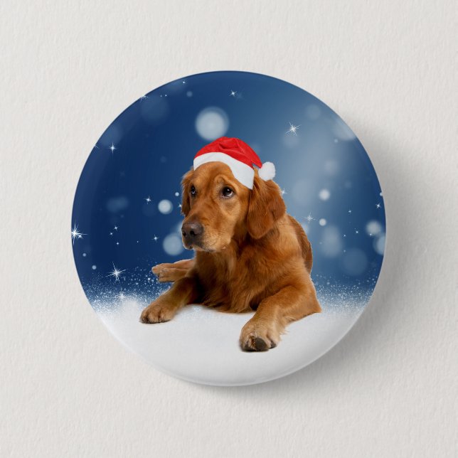 Christmas Cute Golden Retriever Dog Santa Hat Snow 2 Inch Round Button (Front)