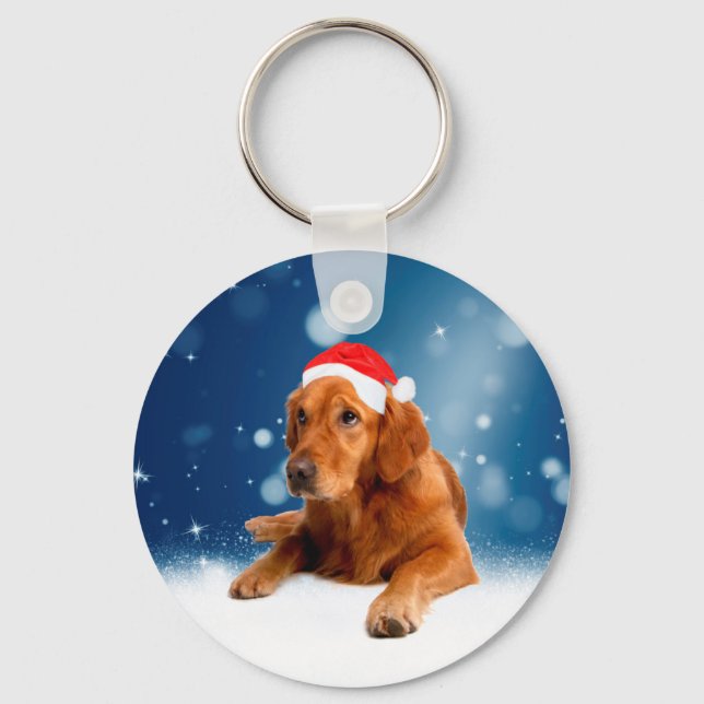 Christmas Cute Golden Retriever Dog Santa Hat Snow Keychain (Front)