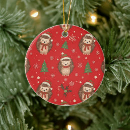Christmas Cute Hedgehogs Pattern Red Green Ceramic Ornament
