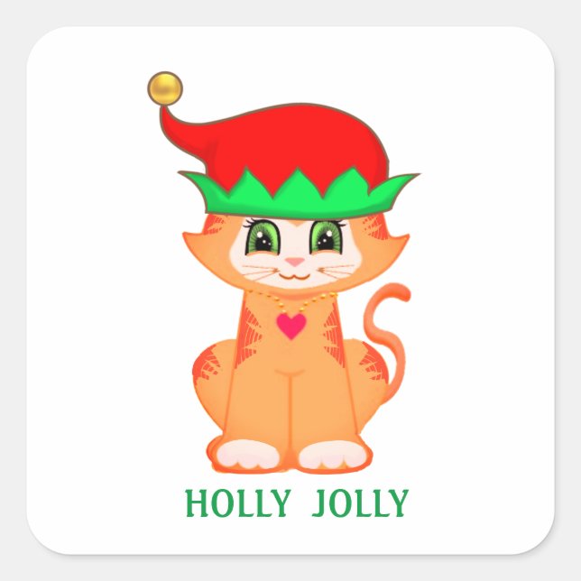Christmas cute kitty cat elf square sticker (Front)