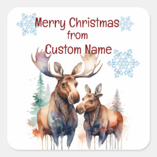 Christmas Cute Moose Couple Animal Customize Square Sticker