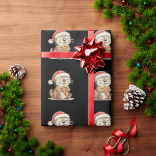 Christmas Cute Otter Eating Pizza Xmas Santa Hat Wrapping Paper