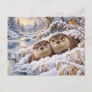 Christmas Cute Otters Snowy Winter Wonderland Postcard