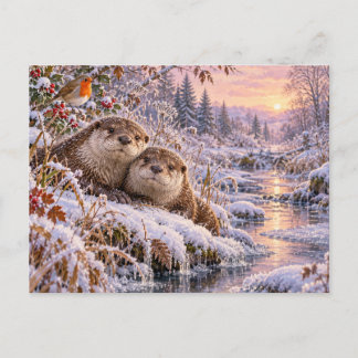 Christmas Cute Otters Snowy Winter Wonderland Postcard