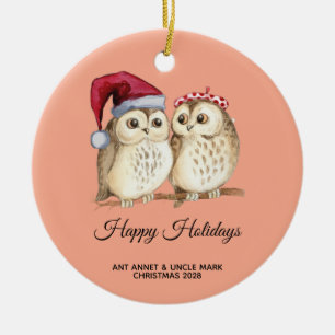 christmas cute Owl Wildlife santa's hat snow Ceramic Ornament