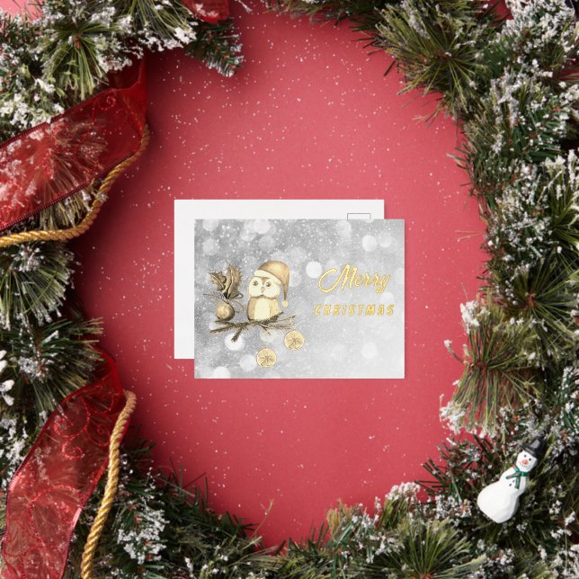 Christmas Cute Owl With Branches And Balls Foil Holiday Postcard (Insitu)