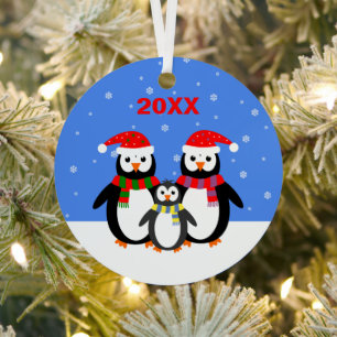 Christmas cute penguins add name date two-sided metal ornament