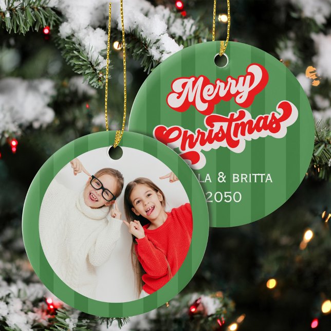 Christmas Cute Photo Green Whimsical Fun  Ceramic Ornament (Red and Green Retro Christmas Photo Ornament.)