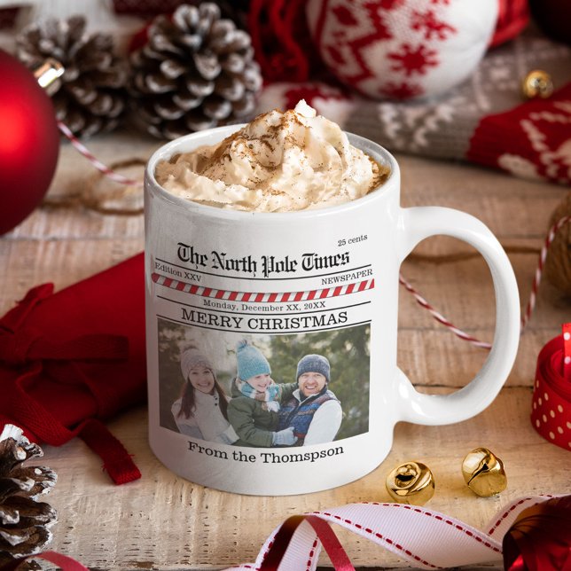Christmas Cute Photo Whimsical Newspaper Print Coffee Mug (Christmas whimsical cute fun Newspaper custom photo mug. )