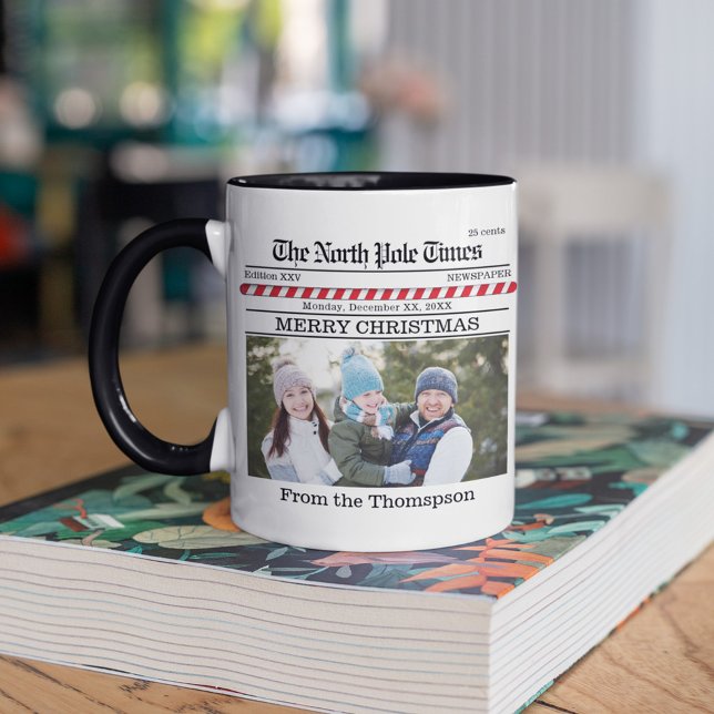 Christmas Cute Photo Whimsical Newspaper Print Mug (Christmas whimsical cute fun Newspaper custom two-toned photo mug. )