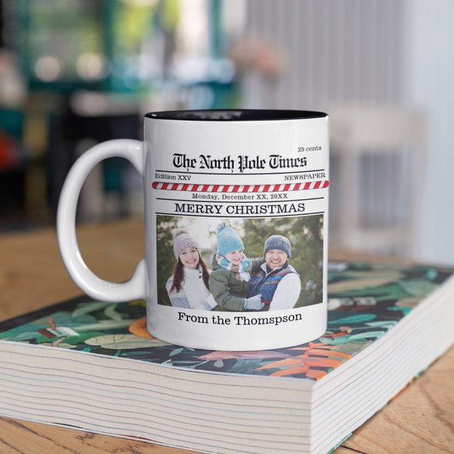 Christmas Cute Photo Whimsical Newspaper Print Two-Tone Coffee Mug (Christmas whimsical cute fun Newspaper custom two-toned photo mug. )