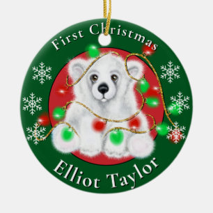 Christmas cute polar bear cub red green lights  ceramic ornament