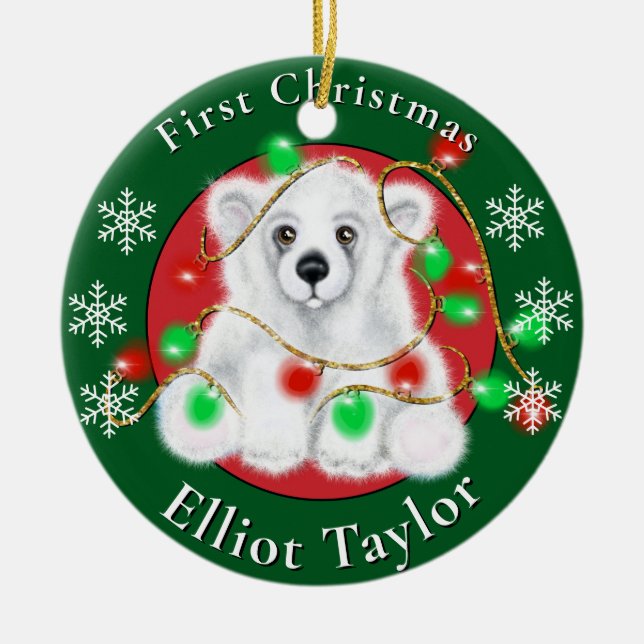 Christmas cute polar bear cub red green lights  ceramic ornament (Front)