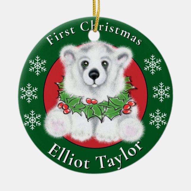 Christmas cute polar bear cub, Santa bear cub  Ceramic Ornament (Front)