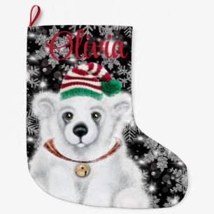 Christmas cute polar bear cub, Santa bear cub  Large Christmas Stocking