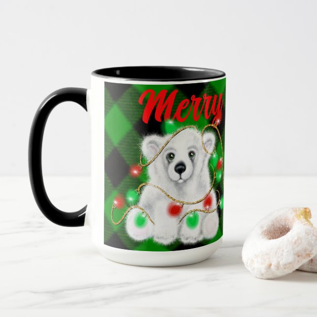 Christmas cute polar bear cub, Santa bear cub  Mug (With Donut)