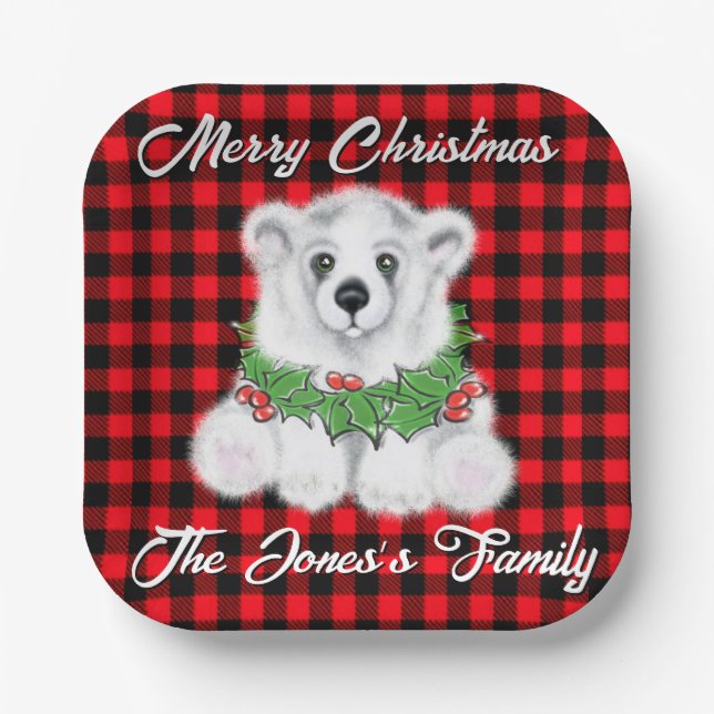 Christmas cute polar bear cub, Santa bear cub  Paper Plate (Front)