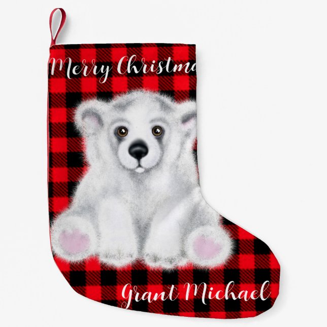 Christmas cute polar bear cub, Santa bear cub     Small Christmas Stocking (Front)