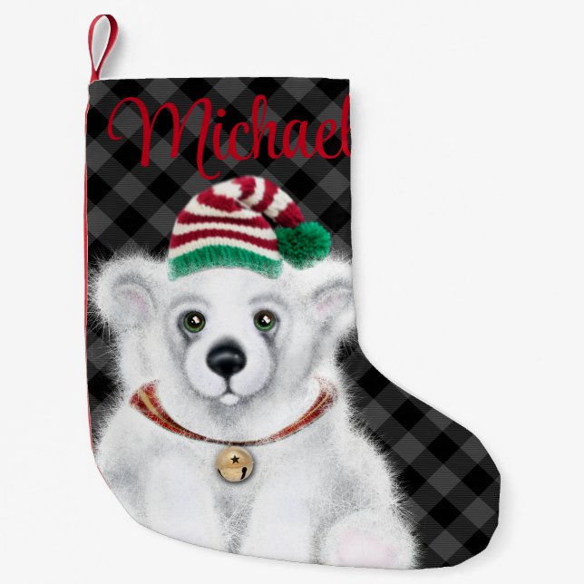 Christmas cute polar bear cub, Santa bear cub  Small Christmas Stocking (Front)