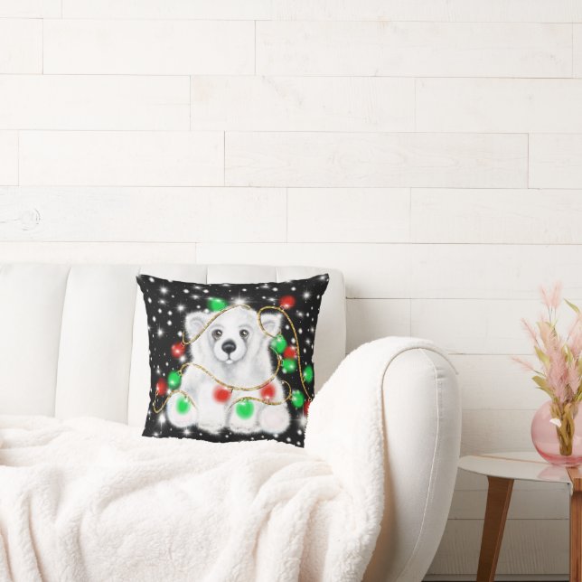 Christmas cute polar bear cub, Santa bear cub  Throw Pillow (Couch)