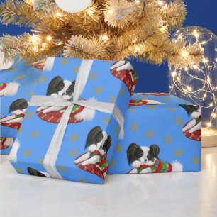 Christmas Cute Puppy Papillon Gold Paws Pattern Wrapping Paper