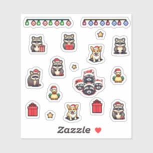 Christmas Cute Raccoons 8bit pixel icons set
