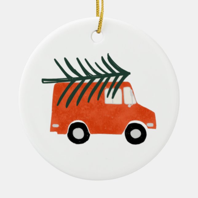Christmas Cute Red Pickup with Tree Ceramic Ornament (Front)
