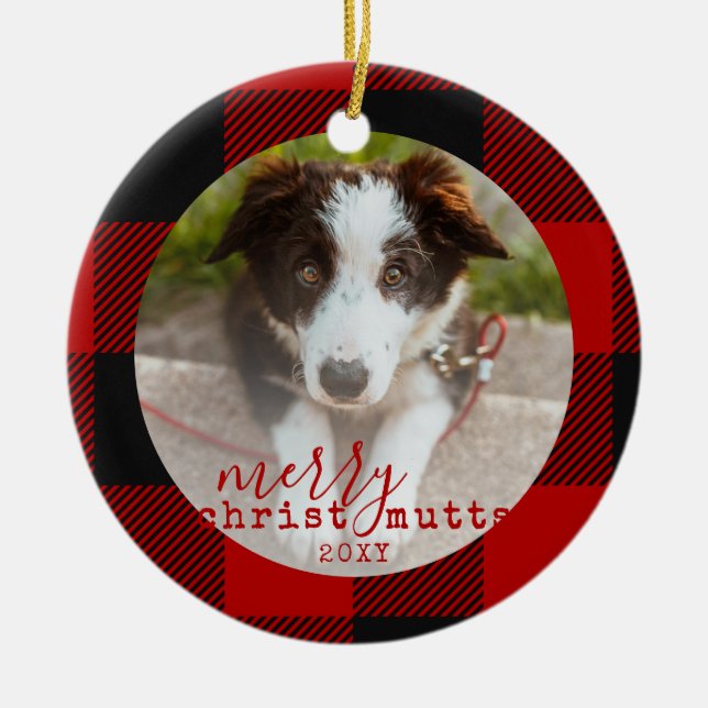 Christmas Cute Red Plaid Pet Dog Photo Ceramic Ornament (Front)