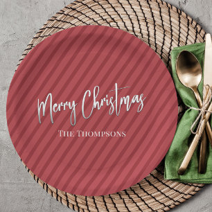Christmas Cute Red Whimsical Striped Calligraphy Paper Plate