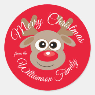 Christmas Cute Reindeer Cartoon Red Classic Round Sticker
