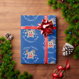 Christmas Cute Reindeer Script Type Blue Snowflake Wrapping Paper