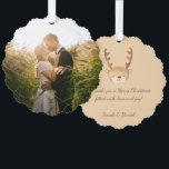 Christmas Cute Reindeer Watercolor Photo & Script Ornament Card<br><div class="desc">A Christmas design: a cute reindeer head above brown handwriting, on light brown background. On the other side there is a placeholder photo of a couple of lovers kissing, from Pixabay, that it is free for commercial use. The reindeer head is generated by DALL-E 2 from Open AI. I have...</div>