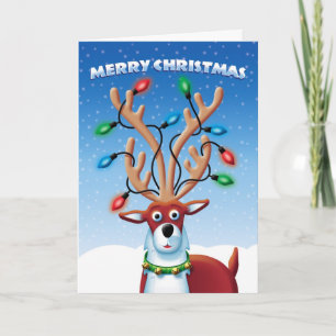 Christmas Cute Reindeer with Lights on Antlers Holiday Card