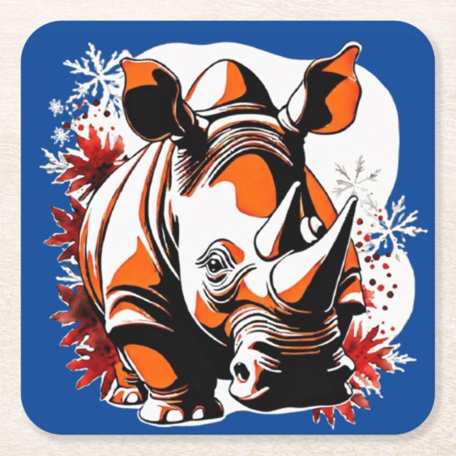 Christmas cute rhino square paper coaster (Front)