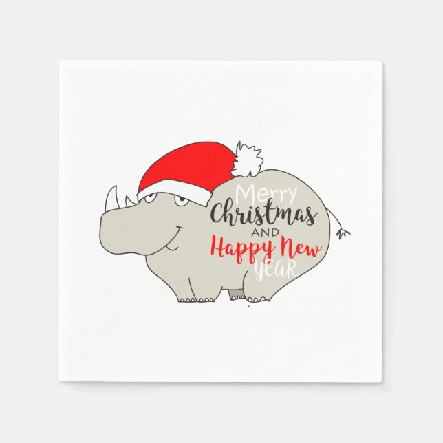 Christmas cute Rhino with Santa hat Napkin (Front)