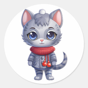 Christmas Cute Russian Blue Cat Classic Round Sticker
