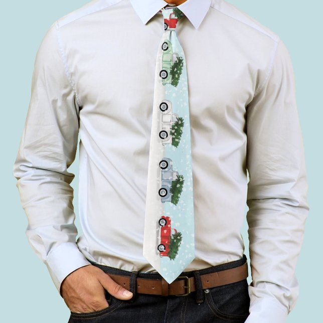 Christmas Cute Rustic Colourful Truck Snowflakes  Tie (Winter red, blue, white and green trucks neck tie. )