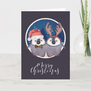 Christmas Cute Santa and Reindeer Penguin Couple Holiday Card