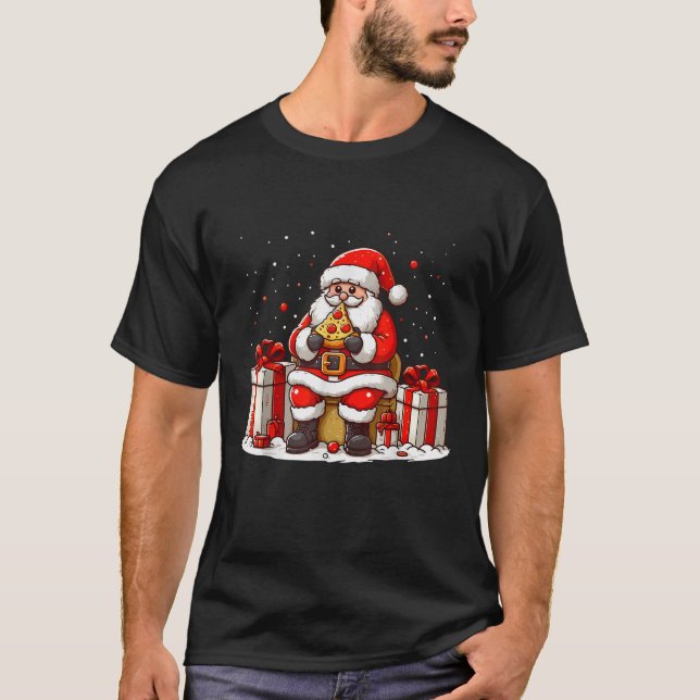 Christmas Cute Santa Claus Pizza Xmas Santa Eating T-Shirt (Front)