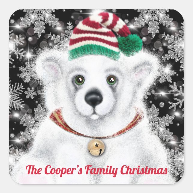 Christmas cute Santa polar bear cub snowflakes  Square Sticker (Front)