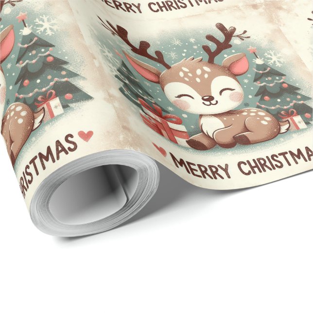 Christmas Cute Santa Reindeer tree  Wrapping Paper (Roll Corner)