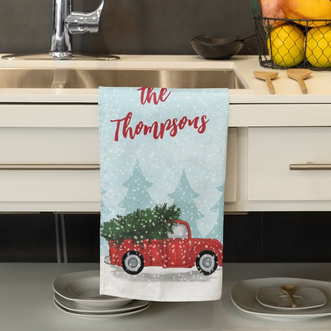 Christmas Cute Script Watercolor Rustic Red Truck Kitchen Towel (Custom classic rustic red truck kitchen towel. )