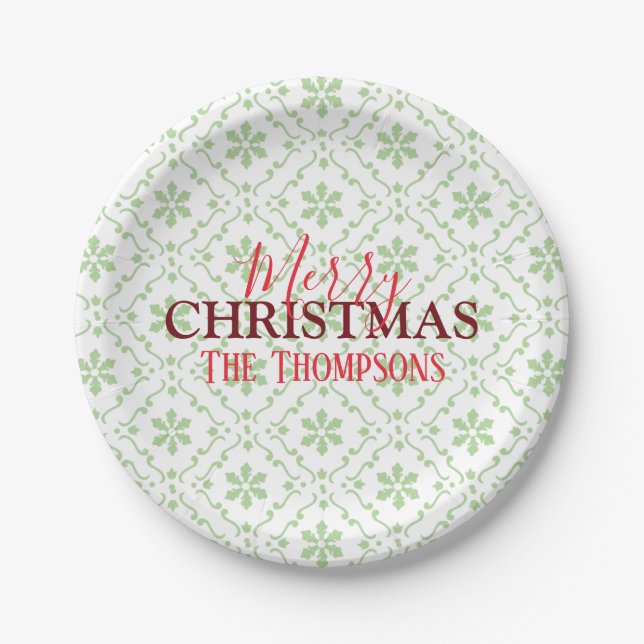 Christmas Cute Simple Green Snowflake Pattern Paper Plate (Front)
