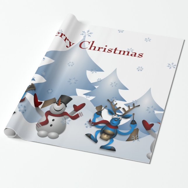 Christmas Cute Snowman and Reindeer Band Wrapping Paper (Unrolled)